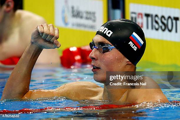 Anton Chupkov of Russia celebrates winning gold after the Men's 200m Breaststroke final during day twelve of the Baku 2015 European Games at the Baku...