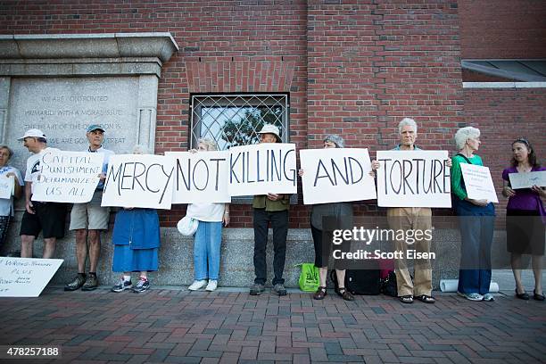 Death penalty protesters outside of John Joseph Moakley United States Courthouse during the official sentencing of Boston Marathon Bomber Dzhokar...