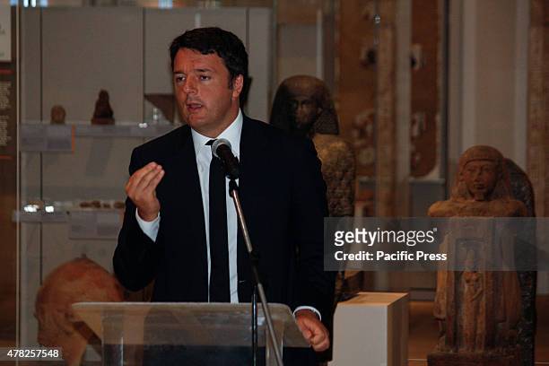 Matteo Renzi during a press conference in Egyptian Museum this morning for a brief official visit. The Museo Egizio is a museum in Turin,...