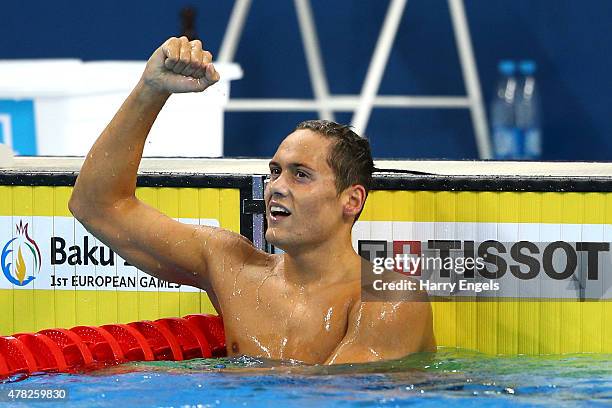 Nicolas D'Oriano of France celebrates winning gold in the Men's 1500m Freestyle fastest heat final during day twelve of the Baku 2015 European Games...