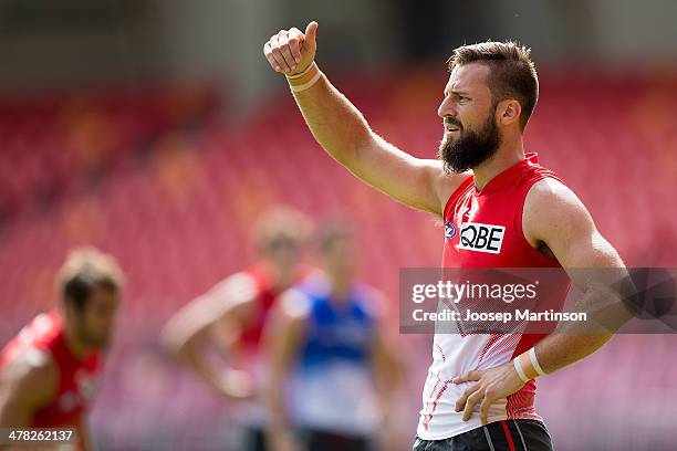 Nick Malceski looks on during Sydney Swans training session ahead of the round one AFL match between the Greater Western Sydney Giants and the Sydney...