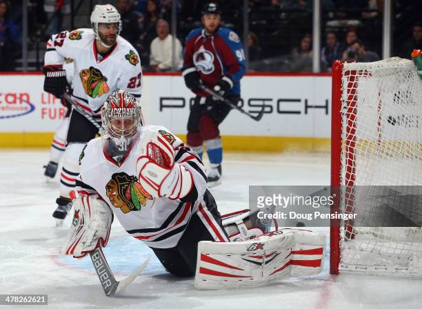 The puck goes in the net as goalie Antti Raanta of the Chicago Blackhawks is unable to make a save on a goal by Matt Duchene of the Colorado...