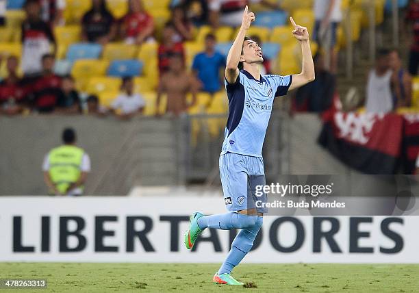 Ricardo Pedriel of Bolivar celebrates a scored goal against Flamengo during a match between Flamengo and Bolivar as part of Copa Bridgestone...