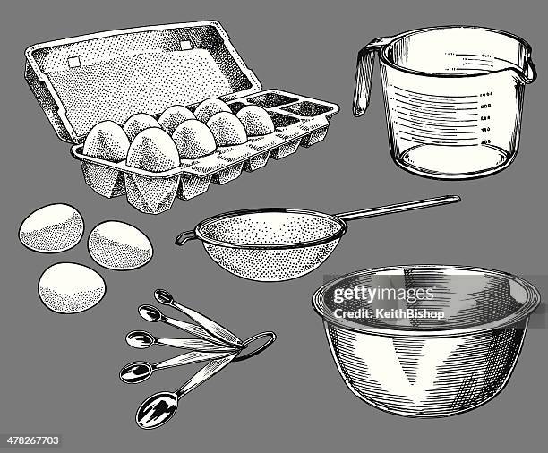 stockillustraties, clipart, cartoons en iconen met cooking tools - carton of eggs, measuring cup - mixing bowl