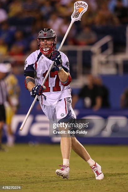 Brodie Merrill of the Boston Cannons plays during the game against the Florida Launch at FAU Stadium on June 20, 2015 in Boca Raton, Florida.