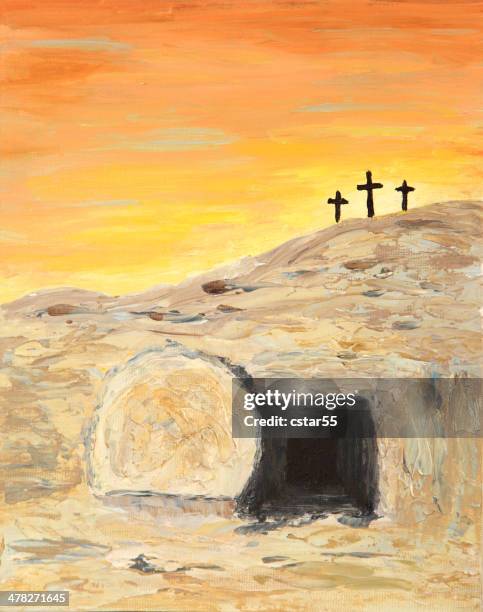 religious: easter sunrise and empty tomb art painting with crosses - jesus empty tomb stock illustrations