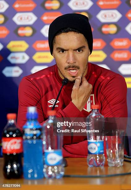 Juan Manuel Vargas talks during a press conference at German Becker Stadium on June 24, 2015 in Temuco, Chile.