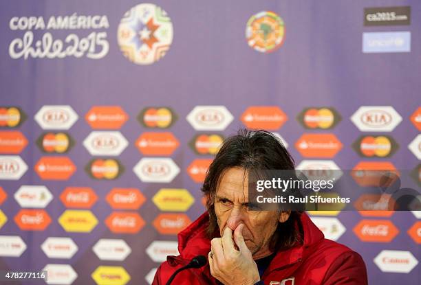 Ricardo Gareca, coach of Peru talks during a press conference at German Becker Stadium on June 24, 2015 in Temuco, Chile.