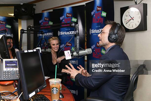 Christian Slater on-air with host Jenny McCarthy during a visit to 'Dirty, Sexy, Funny with Jenny McCarthy at SiriusXM Studios on June 24, 2015 in...