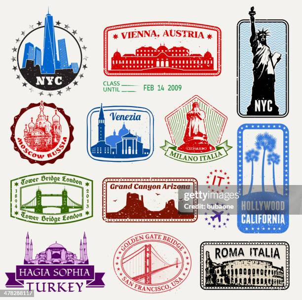 ilustrações, clipart, desenhos animados e ícones de world travel passport selos vetor royalty free gráfico - viena áustria