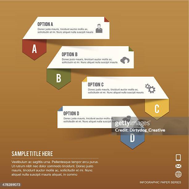 stockillustraties, clipart, cartoons en iconen met paper infographic tabs of four options on brown paper background - plaknotitie