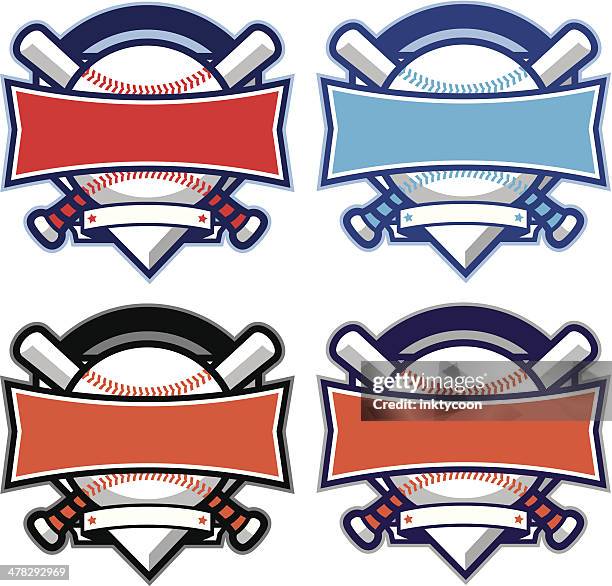 baseball diamond-banner mit & softball fledermäuse - baseballfeld stock-grafiken, -clipart, -cartoons und -symbole