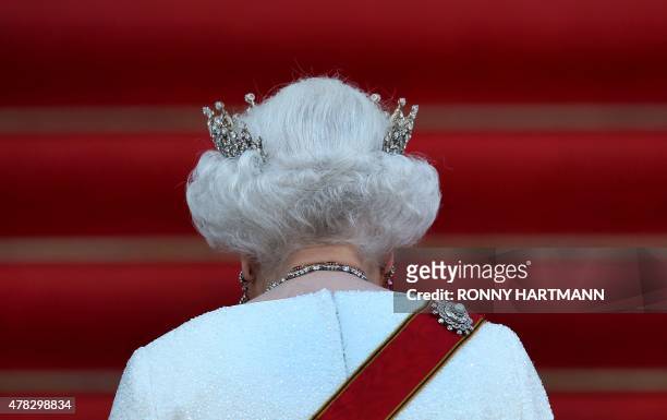 Britain's Queen Elizabeth II arrives for a receiving line and state banquet with German President Joachim Gauck at the presidential Bellevue Palace...
