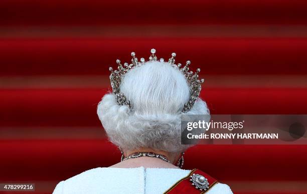 Britain's Queen Elizabeth II arrives for a receiving line and state banquet with German President Joachim Gauck at the presidential Bellevue Palace...