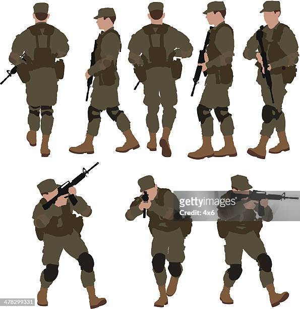 bildbanksillustrationer, clip art samt tecknat material och ikoner med multiple images of soldier with machine gun - armésoldat