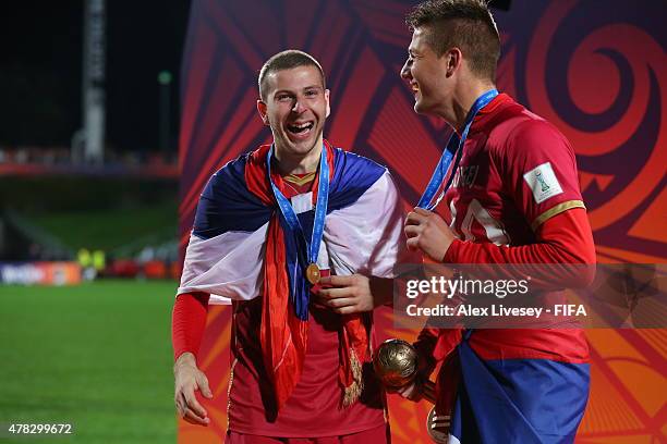 Nemanja Antonov and Sergej Milinkovic of Serbia celebrate after the FIFA U-20 World Cup Final match between Brazil and Serbia at North Harbour...