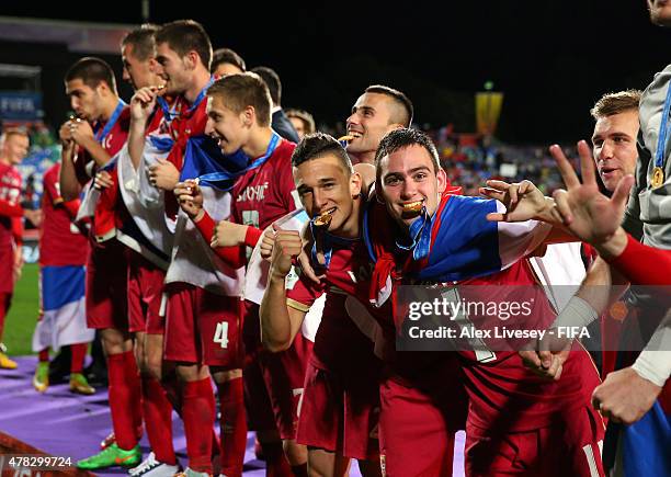 Stanisa Mandic and Andrija Zivkovic of Serbia celebrate after the FIFA U-20 World Cup Final match between Brazil and Serbia at North Harbour Stadium...