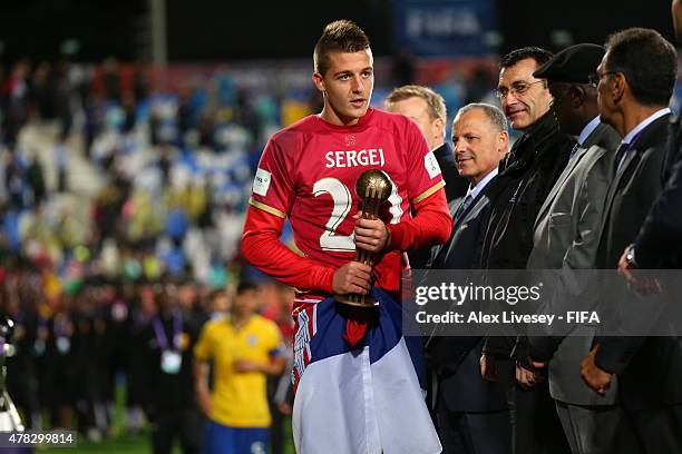 Sergej Milinkovic of Serbia receives the Bronze ball after the FIFA U-20 World Cup Final match between Brazil and Serbia at North Harbour Stadium on...