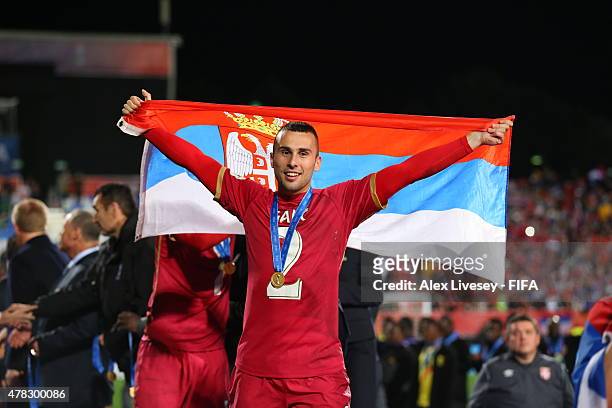 Milan Gajic of Serbia celebrates after the FIFA U-20 World Cup Final match between Brazil and Serbia at North Harbour Stadium on June 20, 2015 in...