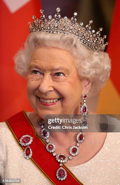Queen Elizabeth II meets guests during a State Banquet at the Schloss Bellevue Palace on the second day of a four day State Visit on June 24, 2015 in...