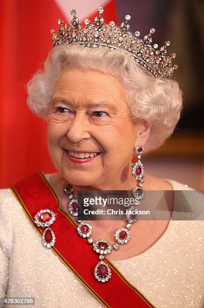 Queen Elizabeth II meets guests during a State Banquet at the Schloss Bellevue Palace on the second day of a four day State Visit on June 24, 2015 in...