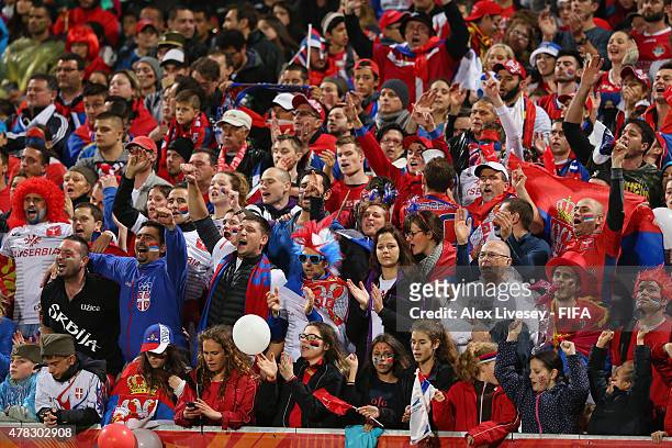 Fans of Serbia cheer on their team during the FIFA U-20 World Cup Final match between Brazil and Serbia at North Harbour Stadium on June 20, 2015 in...