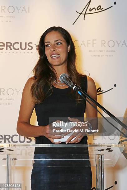 Ana Ivanovic speaks at the Quercus Foundation Pre-Wimbledon Cocktails with Ana Ivanovic in the Ten Room at Hotel Cafe Royal on June 24, 2015 in...
