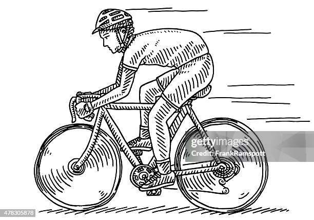 athlete riding bycicle side view drawing - riding stock illustrations