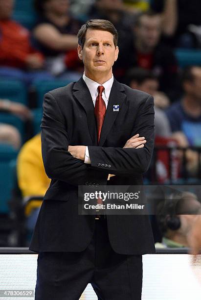 Head coach Ken Bone of the Washington State Cougars looks on during a first-round game of the Pac-12 Basketball Tournament against the Stanford...