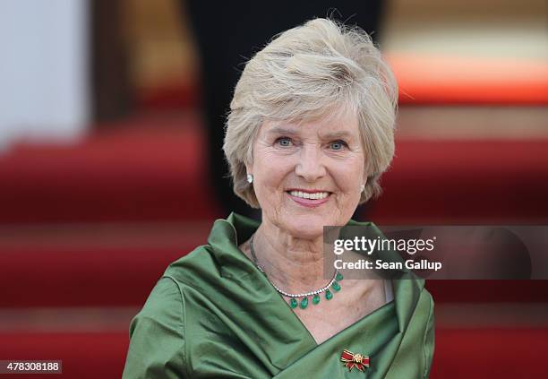Publisher Friede Springer arrives for the state banquet in honour of Queen Elizabeth II at Schloss Bellevue palace on the second of the royal...