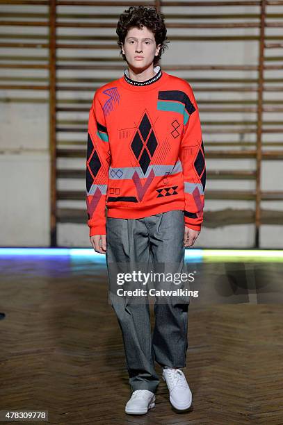 Model walks the runway at the Gosha Rubchinskiy Spring Summer 2016 fashion show during Paris Menswear Fashion Week on June 24, 2015 in Paris, France.