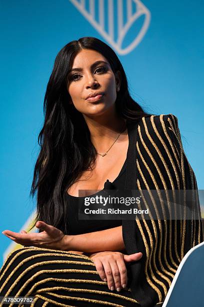 Kim Kardashian speaks on stage during the Sudler forum as part of the Cannes Lions International Festival of Creativity on June 24, 2015 in Cannes,...