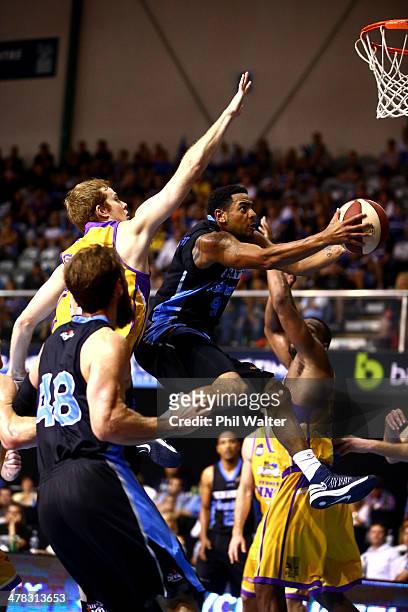 Corey Webster of the Breakers drives to the basket during the round 22 NBL match between the New Zealand Breakers and the Sydney Kings at North Shore...