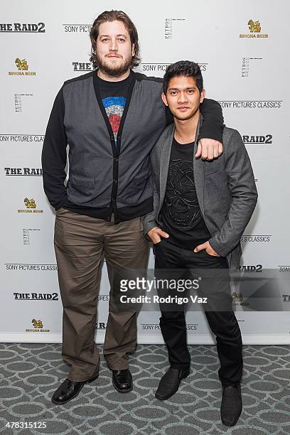 Director Gareth Evans and actor Iko Uwais attend "The Raid 2" - Los Angeles Premiere arrivals at Harmony Gold Theatre on March 12, 2014 in Los...