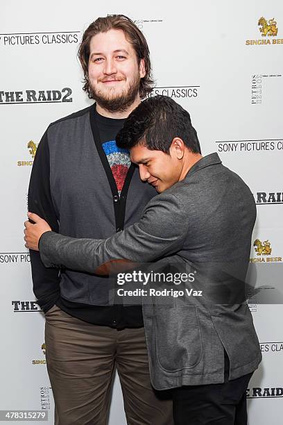 Director Gareth Evans and actor Iko Uwais attend "The Raid 2" - Los Angeles Premiere arrivals at Harmony Gold Theatre on March 12, 2014 in Los...