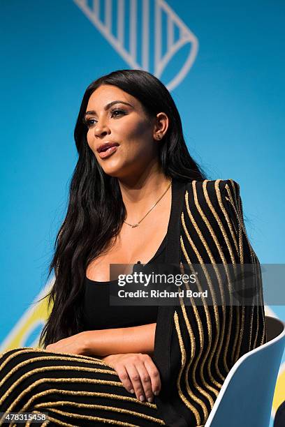 Kim Kardashian speaks on stage during the Sudler forum as part of the Cannes Lions International Festival of Creativity on June 24, 2015 in Cannes,...