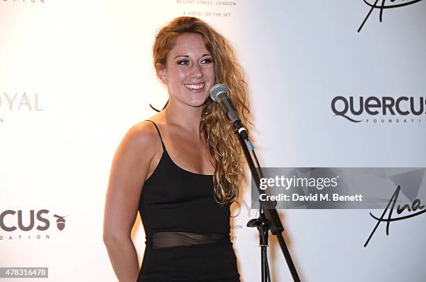 Jessica Sweetman performs at the Quercus Foundation Pre-Wimbledon Cocktails with Ana Ivanovic in the Ten Room at Hotel Cafe Royal on June 24, 2015 in...