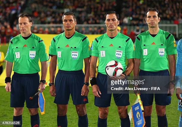 Match officials line up prior to the FIFA U-20 World Cup Semi Final match between Serbia and Mali at North Harbour Stadium on June 17, 2015 in...