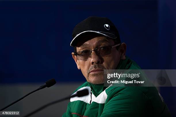 Mauricio Soria coach of Bolivia looks on during a press conference at German Becker Stadium on June 20, 2015 in Temuco, Chile. Peru will face...