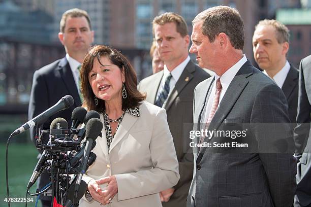 United States Attorney Carmen Ortiz speaks during a press conference following the formal sentencing of Boston Marathon Bomber Dzhokar Tsarnaev at...