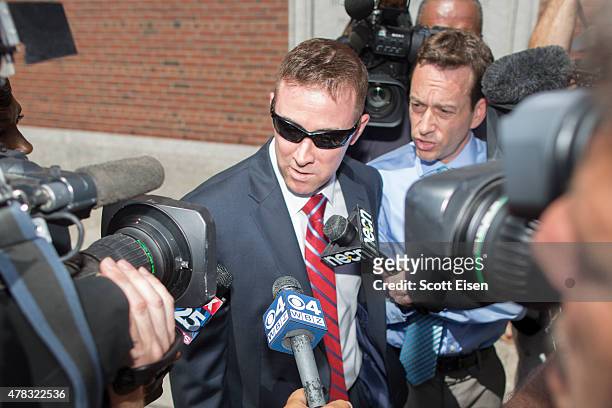 Dic Donahue, who was injured during a shootout with the Boston Marathon Bombers, leaves John Joseph Moakley United States Courthouse following the...