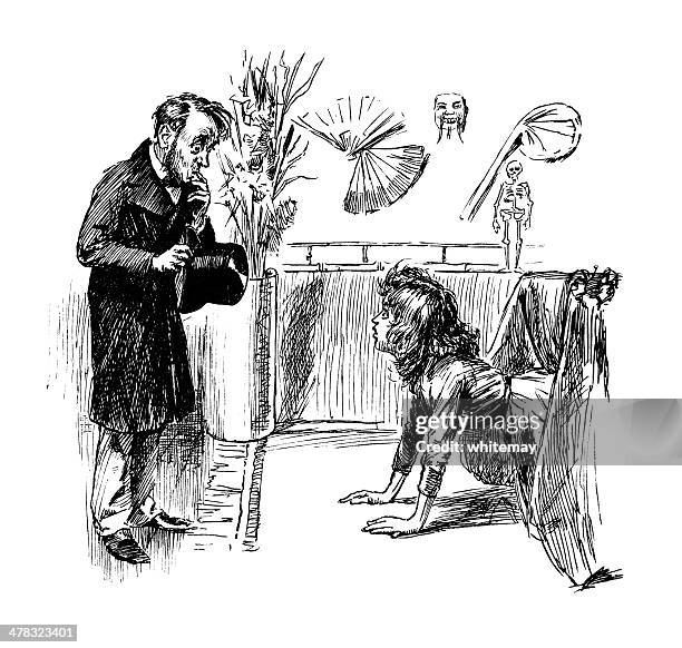 startled man discovering a women under the table - woman entering home stock illustrations