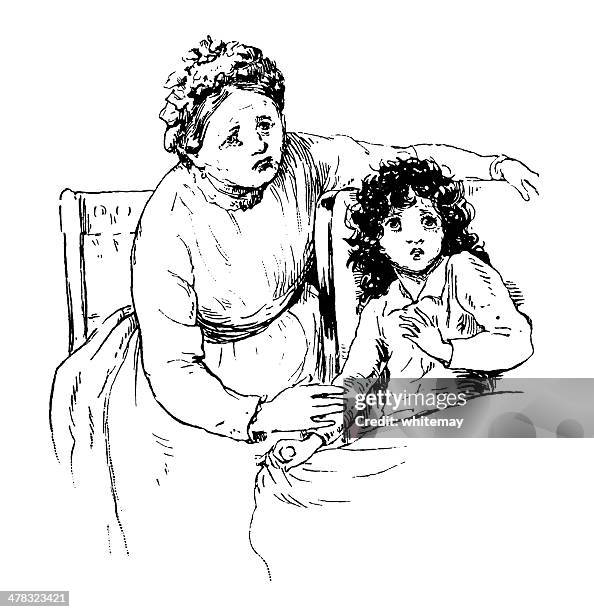middle aged victorian woman with a child - mother son standing bed stock illustrations