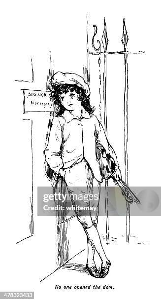 small sad victorian boy waiting - boy violin stock illustrations