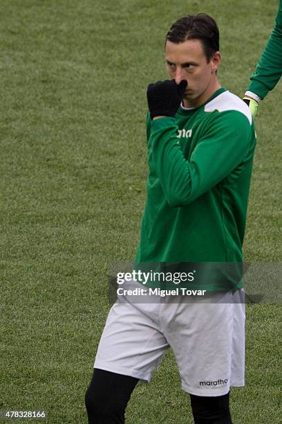 Martin Smedberg-Dalance of Bolivia gestures at the end of a training session at German Becker Stadium on June 20, 2015 in Temuco, Chile. Peru will...