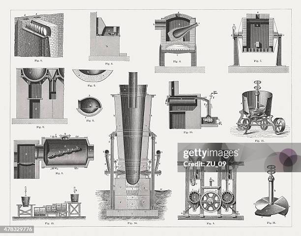 silver smelting, wood engravings, published in 1878 - kiln stock illustrations