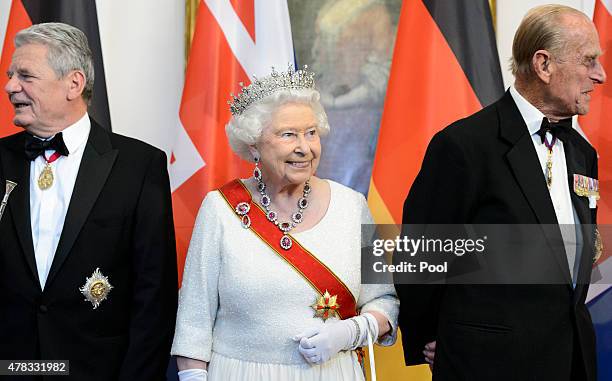 German President Joachim Gauck, Queen Elizabeth II and Prince Philip, Duke of Edinburgh attend a State Banquet on day 2 of a four day State Visit on...