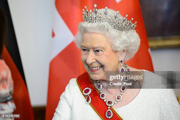 Queen Elizabeth II attends a State Banquet on day 2 of a four day State Visit on June 24, 2015 in Berlin, Germany.