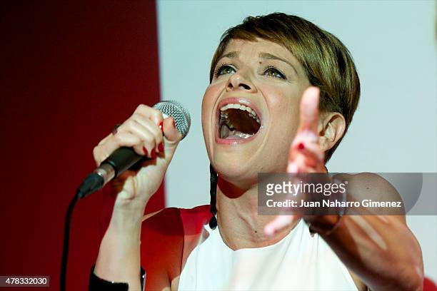 Italian singer Alessandra Amoroso performs at Sony Music office on June 24, 2015 in Madrid, Spain.