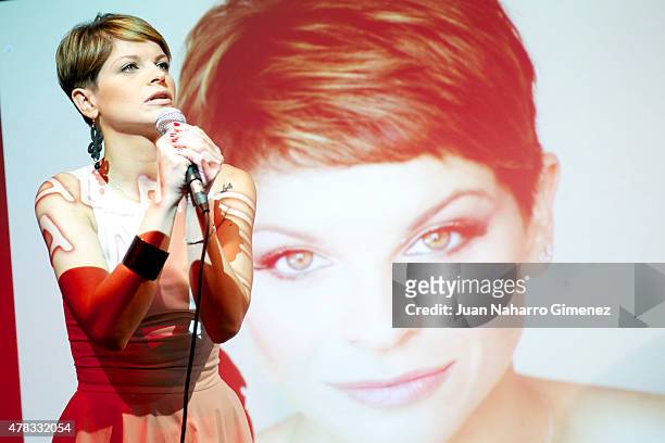 Italian singer Alessandra Amoroso performs at Sony Music office on June 24, 2015 in Madrid, Spain.